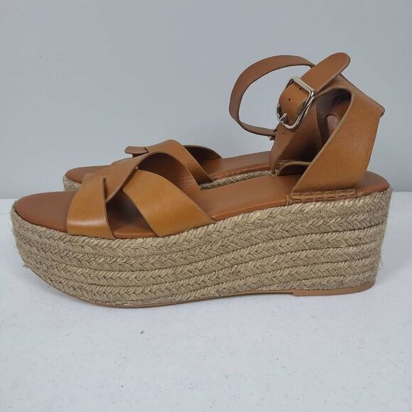 ZARA Tan Leather Hessian Wedge Sandals Shoes Size 39 UK 6 US 8 Summer Holiday - Picture 4 of 10